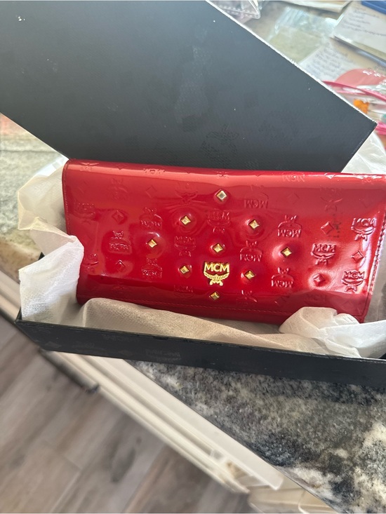MCM Handbags - MCM Shiny Red Patent Logo-Embossed Continental Wallet with Gold Accents